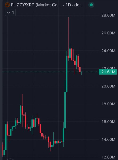 A candlestick chart titled 'FUZZY/XRP (Market Ca... 1D)' shows a recent surge peaking near 28.00M before settling at 21.61M.