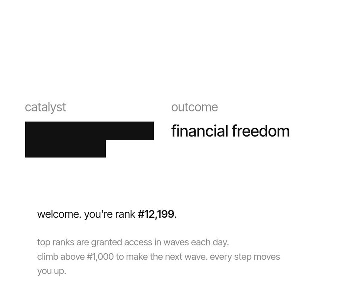A minimalist graphic with the text 'catalyst' and 'outcome financial freedom', displaying 'welcome. you're rank #12,199' along with instructions about climbing ranks above #1,000.