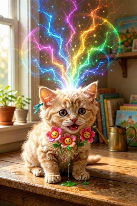 A fluffy orange tabby kitten sits on a wooden table with three smiling cartoon flowers in front of it, while a vibrant, magical burst of rainbow-colored lightning shoots up from its head. The cozy background features a window with potted plants, bookshelves, and a small golden watering can.