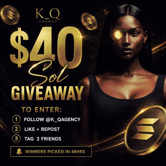 An advertisement for a Sol GIVEAWAY event. The woman featured has dark hair and is wearing black clothing, with her face blurred out. A golden coin is seen behind her, and the text "KQ Agency" appears at the top of the image. In the center, there are three bullet points that provide information about the GIVEAWAY: it is being held on Saturday and Sunday this Friday. To enter the contest, users must like + RT the post sharing the offer or follow @K_Qagency for more details.