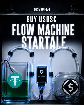 A mission graphic reading 'MISSION 4/4 - BUY USDC - FLOW MACHINE STARTALE' displays beakers with USDT and USDC logos connected by tubes to a smartphone showing a transaction.