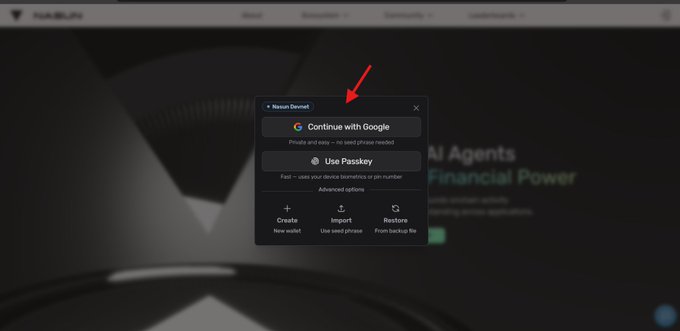 A screenshot of a wallet login prompt with options including 'Continue with Google,' 'Use Passkey,' and tabs for 'Create,' 'Import,' and 'Restore,' indicated by a red arrow.