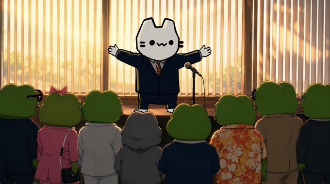 An anime-style illustration featuring a white cat character in a suit addressing a crowd of green frog-like characters from a stage with a microphone.