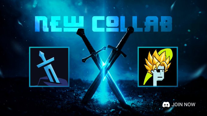 A promotional banner announcing a 'NEW COLLAB' featuring two crossed glowing swords, with two character icons on either side and a Discord 'JOIN NOW' button at the bottom.