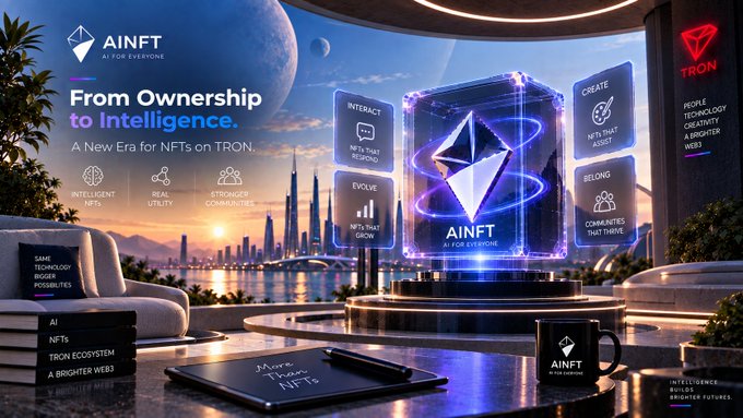 A futuristic promotional banner for 'AINFT' on the TRON blockchain, titled 'From Ownership to Intelligence,' showing NFTs that interact, respond, and evolve within a sci-fi cityscape setting.