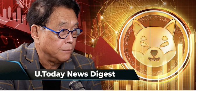 A man with blue glasses speaks into a microphone beside a large Shiba Inu coin graphic, with a "U.Today News Digest" banner and downward red chart arrows in the background, visually underscoring skeptical speculation about whether $SHIB can reach $0.01.