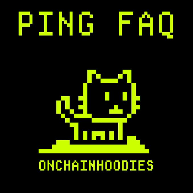 A pixel art style image with green text "PING FAQ" at the top and "ONCHAINHOODIES" at the bottom, featuring a green pixelated cat sitting on a black background.