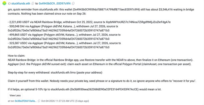 A screenshot of a post from @stuckfunds.eth describing a quick reminder about a stuck wallet (0x4943b0C99...ED097c9f4) with approximately $3,546,416 waiting in bridge contracts, listing NEAR Rainbow Bridge transactions and step-by-step claiming instructions.
