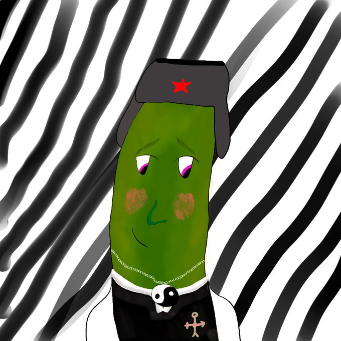 A digital drawing of a green cucumber-like character with blushing cheeks, wearing a black ushanka hat with a red star, a yin-yang choker, and a black shirt with an inverted cross, against a black and white zebra-striped background.