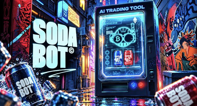 A vibrant cyberpunk-style advertisement for 'SODA BOT' featuring an AI trading tool vending machine with Bitcoin and soda can graphics against a colorful graffiti-covered urban background.