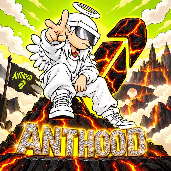 Cartoon illustration featuring an angel character in white with sunglasses, perched on lava rocks above diamond-lettered text 'ANTHOOD'.