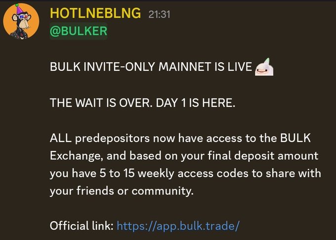 The image shows a Discord message from "HOTLNEBLNG" in the @BULKER channel announcing that BULK's invite-only mainnet is now live, with predepositors receiving 5-15 weekly access codes to share based on their deposit amount, with the official link at https://app.bulk.trade/. This relates to the post by confirming that the BULK mainnet the user is interested in trading on has officially launched and is accessible at the provided web link.