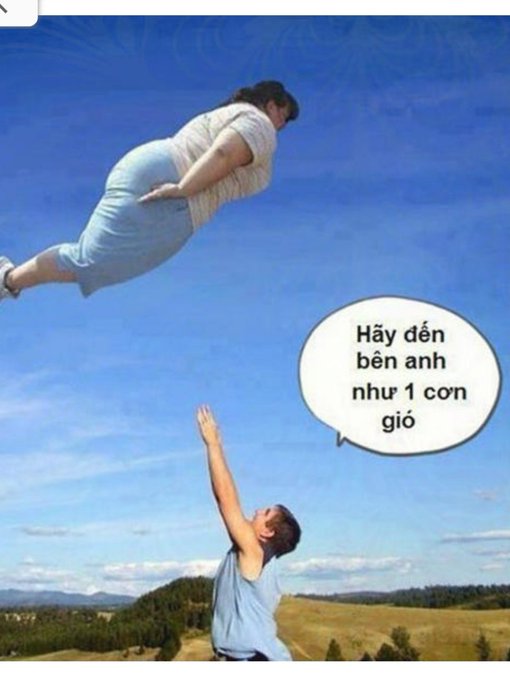 A woman flies horizontally through the sky like Superman, arms outstretched, above a man standing with hands raised toward her; a speech bubble from him reads 'Hãy đến bên anh như 1 cơn gió' (Come to me like a breeze).
