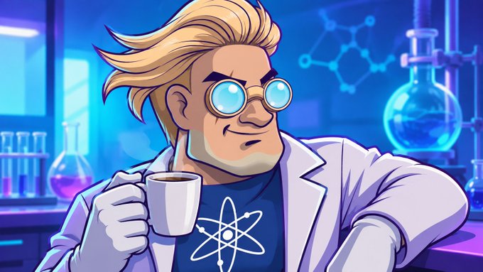 Cartoon illustration of a blonde scientist wearing round goggles and a lab coat, holding a mug, with a t-shirt featuring an atom symbol in a blue laboratory setting.