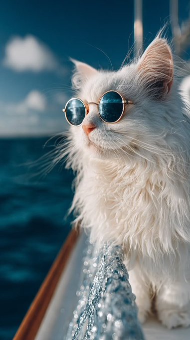 A fluffy white cat with long fur and round sunglasses sits on a boat, gazing out over sparkling blue ocean water under a sunny sky.