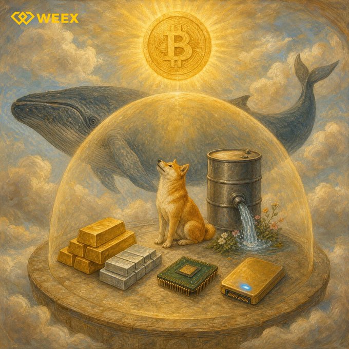 A WEEX-branded illustration depicts a golden fox and a humpback whale gazing up at a radiant Bitcoin symbol, all enclosed within a glowing protective dome atop gold bars, silver ingots, a mining chip, and a hardware wallet that pours water from a barrel. The dome and fortified vault imagery visually reinforces the post's message of "Asset security first. Trade with confidence."