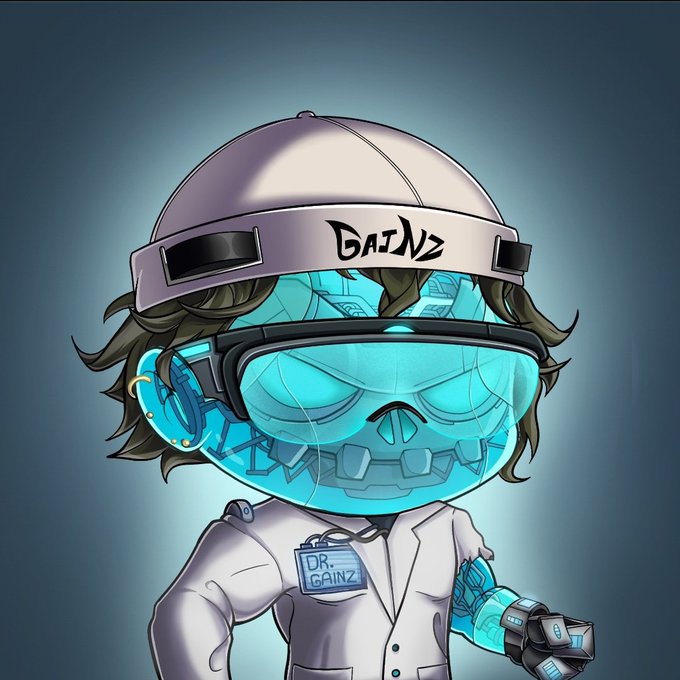 A cartoon-style digital character with a glowing blue skull-like face wears a white lab coat, a helmet labeled "GAINZ," and a name tag reading "DR. GAINZ," with one robotic arm. The image represents the GAINZ NFT project that the post thanks after attending a community call.
