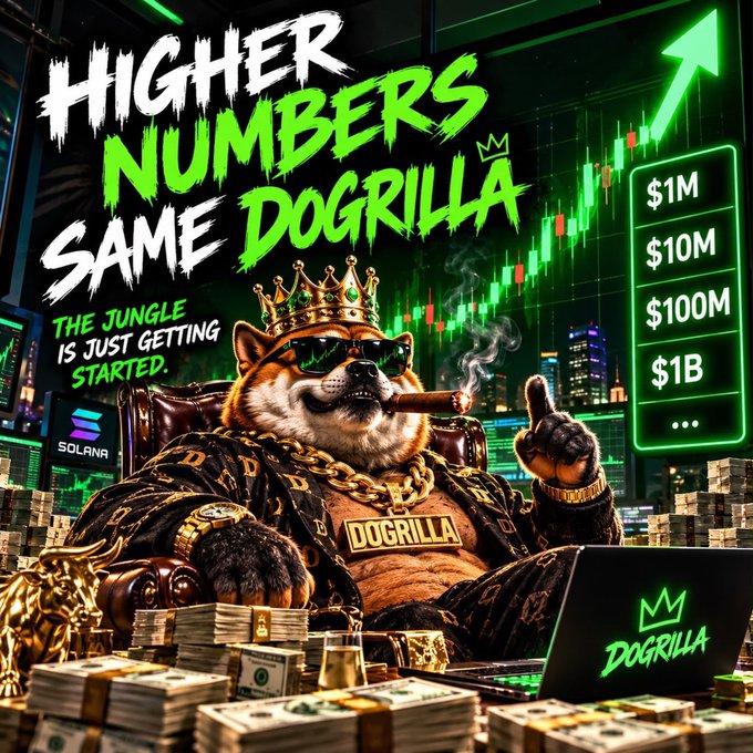 The image features an anthropomorphic Shiba Inu dog wearing a crown, sunglasses, and a gold "DOGRILLA" chain, smoking a cigar while surrounded by stacks of cash and a laptop, with bold text reading "HIGHER NUMBERS SAME DOGRILLA — THE JUNGLE IS JUST GETTING STARTED" alongside a Solana logo, a green candlestick chart trending upward, and a payout tier of $1M/$10M/$100M/$1B. This flashy "gains" meme visually reinforces the post's claim that $DOGRILLA is the next big Solana memecoin pump after $PONS, promising investors another shot at life-changing returns.