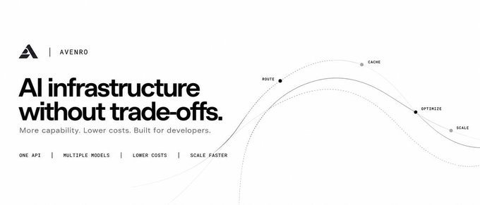 A minimalist advertisement for 'AVENRO' with the tagline 'AI infrastructure without trade-offs. More capability. Lower costs. Built for developers.' featuring keywords 'ONE API, MULTIPLE MODELS, LOWER COSTS, SCALE FASTER' alongside an abstract wave graphic.