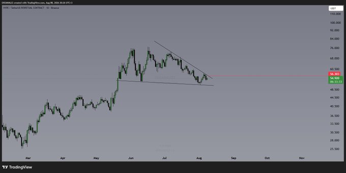 The image shows a daily candlestick chart of HYPE/USDT on Binance, displaying price action from March to November 2020, with a descending channel pattern visible from June onward. The post's mention of breaking the 56.303 resistance aligns with the chart's highlighted horizontal resistance level (shown by the pink line) at approximately 56.303, which the price is currently testing near its recent highs of 54.500-60.303.