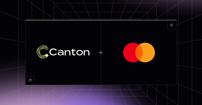 The image features a black background with two logos - one representing Mastercard and the other representing Canton. The Mastercard logo has a red circle with an orange line through it, while the Canton logo also has a red circle with an orange line through it. Both logos are placed on a purple grid that fills the entire frame of the image. The caption below the image reads: "Mastercard is expanding stablecoin settlement to include intraday, weekend, and holiday options, with Canton as part of its supported blockchain ecosystem."