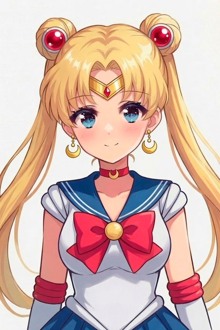 This anime illustration depicts Sailor Moon (Usagi Tsukino), recognizable by her iconic blonde odango hairstyle with red hair ornaments, golden tiara, and sailor fuku uniform with red bow, fitting the post celebrating ownership of this Usagi figure or collectible.