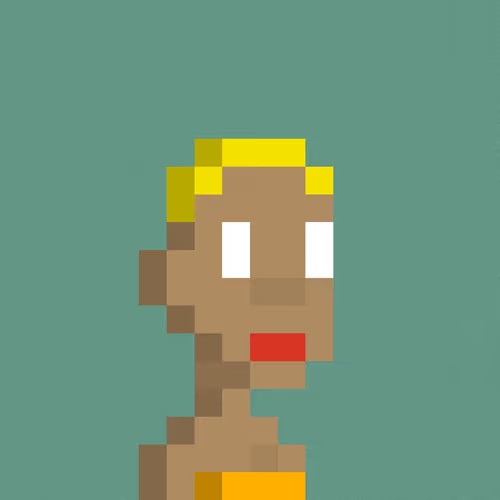 A low-resolution pixel art rendering of a blonde, brown-eyed character with an open red mouth set against a solid teal background.