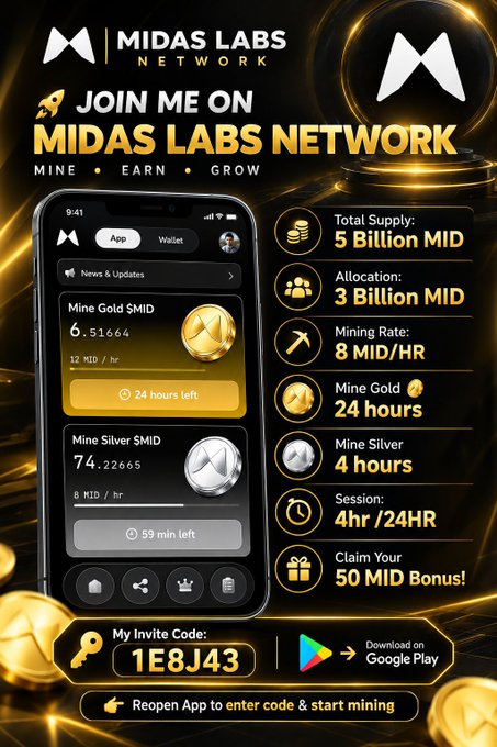 A promotional advertisement for 'MIDAS LABS NETWORK' featuring a mobile app interface, showing 'Total Supply: 5 Billion MID', 'Mine Gold $MID 6.51664', and an invite code '1E8J43'.