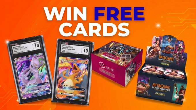The image features a poster advertising a Pokémon trading card game event at Ronin. The poster includes four different Pokémon cards, each with unique designs and colors, showcasing the variety of collectibles available for sale. The text on the poster encourages people to "Win Free Cards" byronin, which implies that there is an ongoing promotion or contest related to the trading card game. This event aims to attract collectors and enthusiasts who are interested in expanding their collections with new cards from popular games like Pokémon.