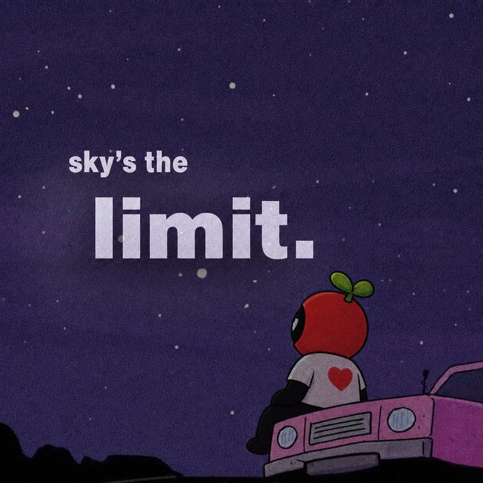 An illustration of a cartoon character with a red tomato-like head sitting on a pink car under a starry night sky, with text 'sky's the limit.'