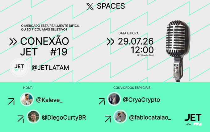 Promotional graphic for "Conexão JET #19," an X (Twitter) Spaces event hosted by JET Latam on 29.07.26 at 12:00 (BRT), featuring hosts @Kaleve_ and @DiegoCurtyBR alongside special guests @CryaCrypto and @fabiocatalao_, discussing the question "O mercado está realmente difícil ou só ficou mais seletivo?" ("Is the market really tough, or has it just become more selective?").