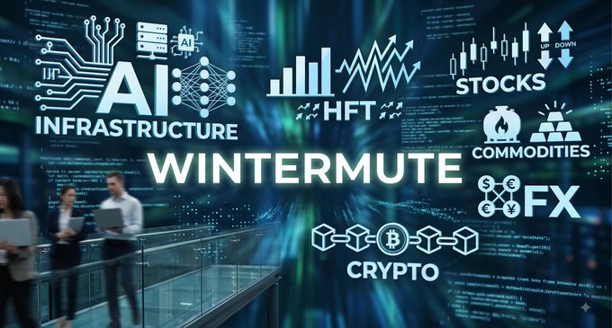 A graphic featuring the name 'WINTERMUTE' prominently displayed alongside icons and labels for AI Infrastructure, HFT, Stocks, Commodities, FX, and Crypto trading sectors.