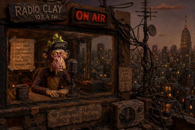 Illustration of a claymation-style radio host at 'RADIO CLAY 103.4 FM' with an 'ON AIR' sign, set against a city skyline.