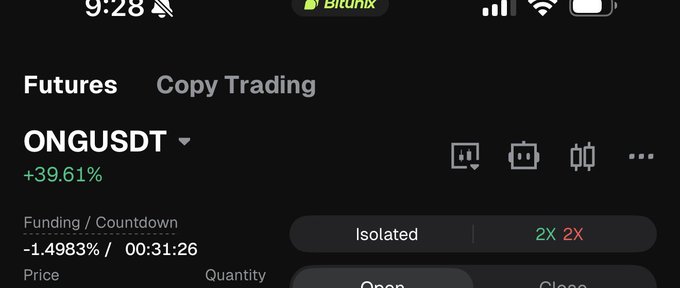 A cryptocurrency trading app screenshot showing the ONGUSD futures pair up by +39.61%, with a funding rate of -1.4983% and a countdown of 00:31:26.