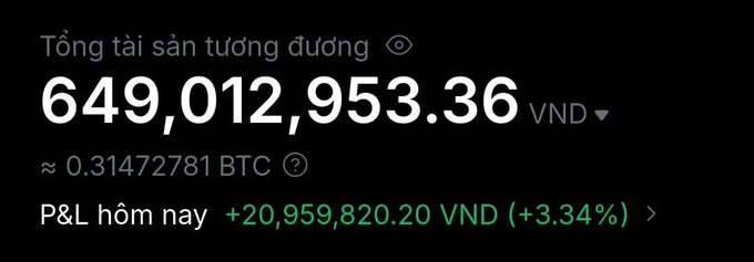 A financial app screenshot in Vietnamese showing a total balance of "649,012,953.36 VND", equivalent to "0.31472781 BTC", with a daily P&L of "+20,959,820.20 VND (+3.34%)".
