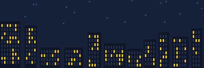 A digital illustration of a city skyline at night with illuminated yellow windows in tall buildings against a dark blue sky with small stars.