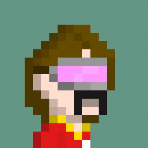 A pixel art character with brown hair wearing pink/purple VR-style goggles and a red shirt on a teal background.