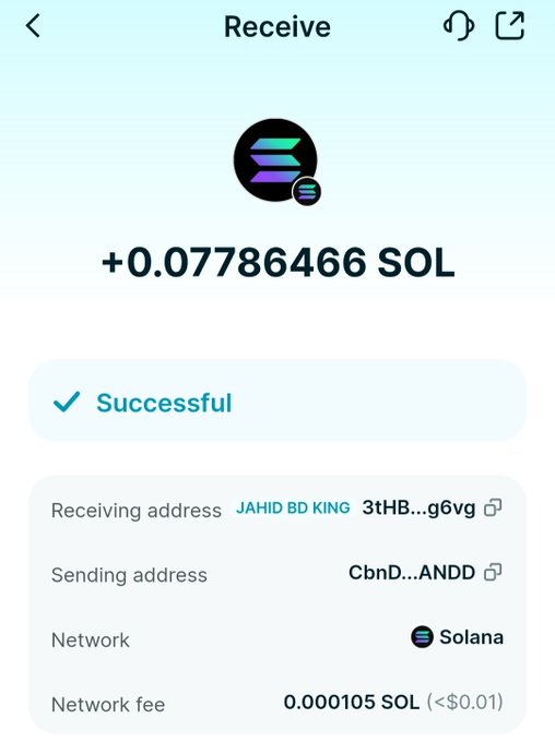 A cryptocurrency wallet screenshot showing a successful transaction receipt for +0.07786466 SOL on the Solana blockchain, with network fee of 0.000105 SOL.