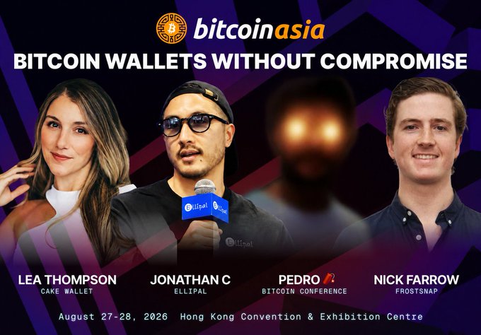 A "Bitcoin Wallets Without Compromise" panel advertisement for Bitcoin Asia at the Hong Kong Convention & Exhibition Centre on August 27-28, 2026, featuring speakers Lea Thompson (Cake Wallet), Jonathan C (Ellipal), Pedro (Bitcoin Conference), and Nick Farrow (Frostsnap), with a mysterious glowing-eyed figure in place of Pedro's photo. The image promotes Jonathan C's appearance on the Genesis Stage panel, consistent with the post mentioning Ellipal's representation at the event.