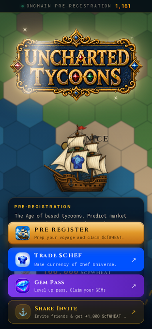 "Uncharted Tycoons" is a video game displayed at the top of the screen, featuring an old-style sailboat with blue paint. The game's main objective involves navigating through various locations on a map, requiring players to collect items and complete missions to progress in the game. On the bottom right corner, there are three options for how to proceed with the game: "Pre-register first", which allows players to choose their preferred launch day; "Use Navigator" as an alternative method of navigation; or "Start at Gem Pass".