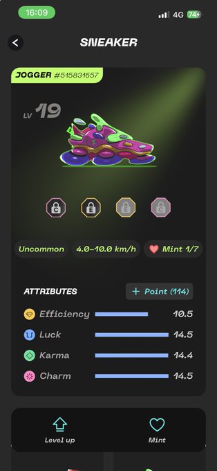 A mobile app screen titled 'SNEAKER' displaying a Jogger NFT (#515831657) at Level 19 with attributes including Efficiency, Luck, Karma, and Charm, along with options to Level up or Mint.