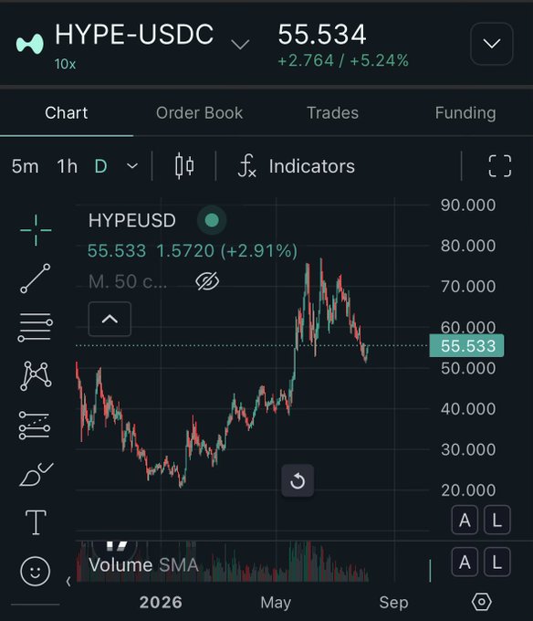 A trading chart shows the HYPE-USDC perpetual pair trading at 55.534, up 5.24% (+2.764), supporting the post's speculation that a long-term move to $1,000 would represent roughly a 20x gain from the current ~$55 level.