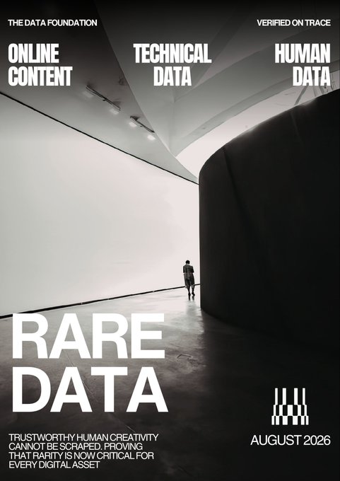 A black and white poster from 'THE DATA FOUNDATION' titled 'RARE DATA' featuring a person walking down a curved gallery corridor, with text highlighting 'ONLINE CONTENT', 'TECHNICAL DATA', 'HUMAN DATA', and the tagline 'TRUSTWORTHY HUMAN CREATIVITY CANNOT BE SCRAPED, PROVING THAT RARITY IS NOW CRITICAL FOR EVERY DIGITAL ASSET' dated 'AUGUST 2026'.