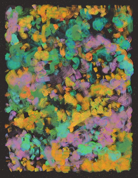 An abstract painting featuring swirling brushstrokes of green, orange, yellow, and purple on a black background, creating a chaotic and vibrant composition that visually echoes the energy and colorfulness often associated with expressing "GM" (good morning) greetings.