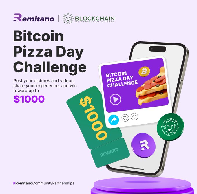 The image features a smartphone with an advertisement for Bitcoin Pizza Day Challenge. The phone displays a pizza picture along with text that reads "BIC Coin Pizza Day Challenge", which seems to be promoting a contest or challenge related to Bitcoin. There are also some coins displayed on the phone, possibly as part of the challenge.