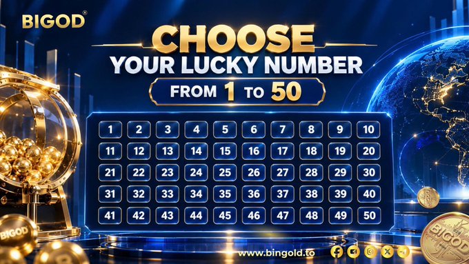 A promotional graphic for "BIGOD" featuring a numbered grid from 1 to 50 with the text "CHOOSE YOUR LUCKY NUMBER FROM 1 TO 50" and the website www.bingold.to.