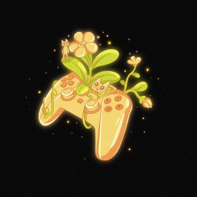 A digital illustration of a glowing yellow game controller with flowers and two small cats growing from its top, set against a dark background with floating yellow particles.