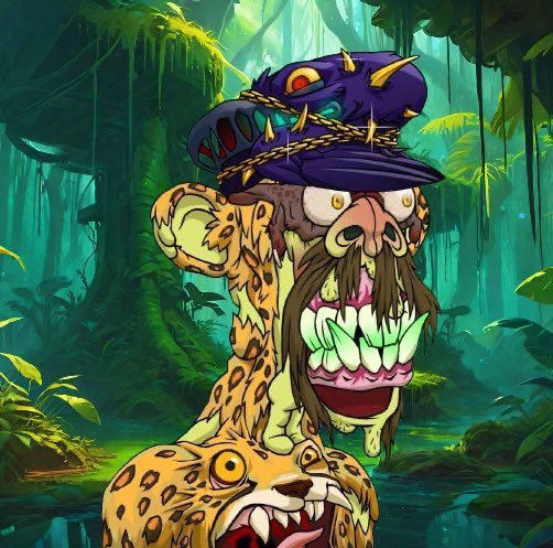 A stylized digital illustration of a monstrous character wearing a purple spiked hat, featuring an exaggerated face with green teeth and a long beard, set against a lush green jungle background, with a leopard-like creature visible at the bottom.