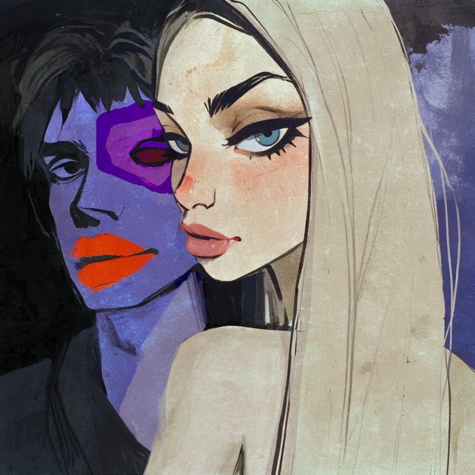 An artistic illustration of two overlapping faces—one a stylized blue-skinned figure with red lips and a purple eye mask, the other a realistic blonde woman with blue eyes—rendered in a mixed-media style.