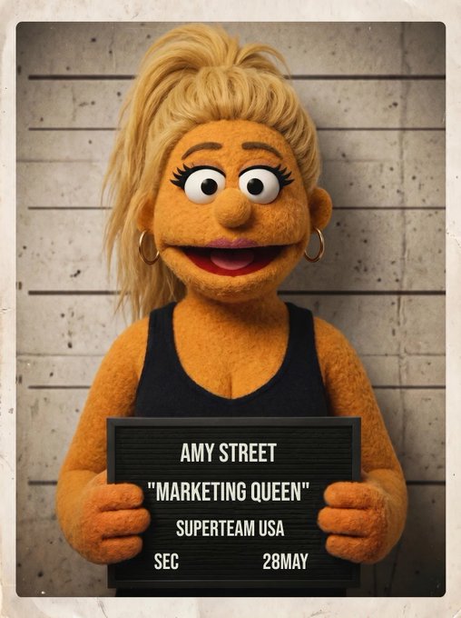 The image features a cartoon character, likely from the Sesame Street franchise, holding a sign that says "My Street" with her hand. The text on the sign reads "Marketing Queen", which suggests she might be involved in marketing or advertising. The background of the image is a gray wall, and there are some words written on it as well. The post also mentions an upcoming event called "Solana's Most Wanted The Solana Ecosystem Call" that takes place at 2pm UTC on Saturday, August 28th.